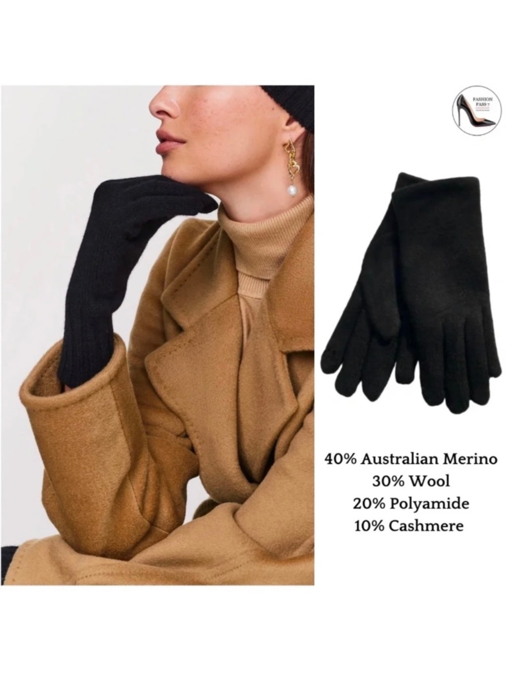 Luxury Cashmere Merino Wool Gloves Classic Black Driving Winter Warm Cozy Gloves